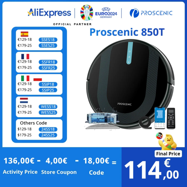 Prosceneent 850T Wifi Robotstofzuiger, App-Bediening, 3000Pa Sterke Zuigkracht, Ideaal Voor