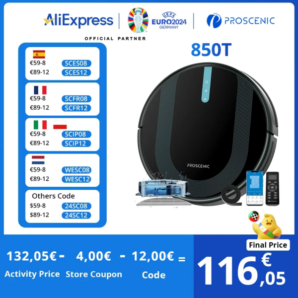 Prosceneent 850T Wifi Robotstofzuiger, App-Bediening, 3000Pa Sterke Zuigkracht, Ideaal Voor