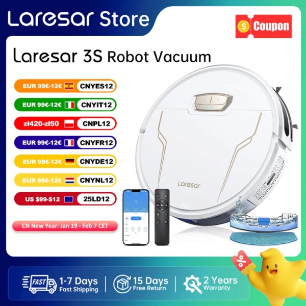 Laresar Evol 3S Robotstofzuiger 5000Pa APP-besturing Slim Gepland Snoerloos Dweilen voor Huis Tapijt