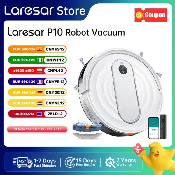 Laresar P10 Robotstofzuiger en Dweil, 4500Pa Zuigkracht, APP-besturing, Slimme Gyroscoop Gepland