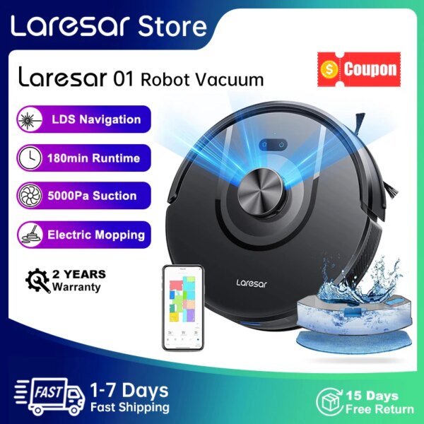 Laresar 01 Robotstofzuiger en Dweil, LDS Lidar 5000Pa Zuigkracht 180min, Slimme Planning APP Alexa