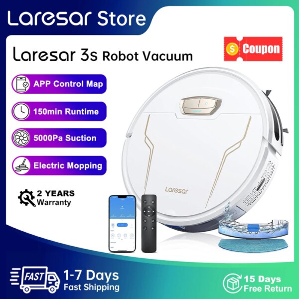 Laresar 3S Robotstofzuiger en Dweil, Draadloze APP-besturing, Slim Geplande Elektrische Reiniging