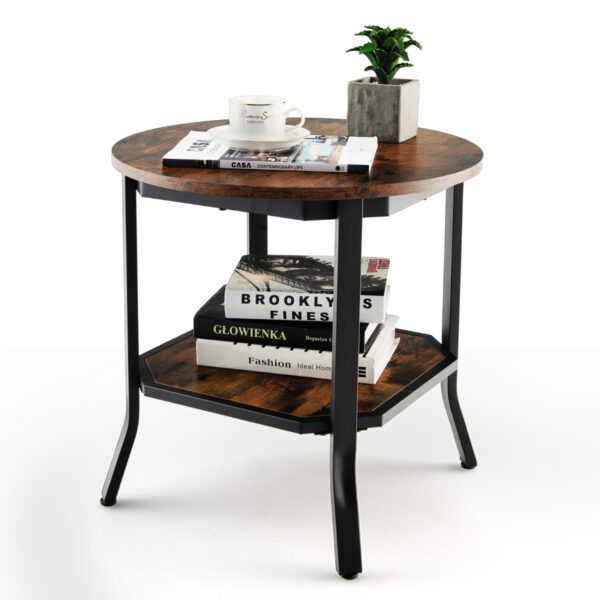 Industriële Ronde Bijzettafel 2-Laags Accent Bijzettafel met Open Schap & Stalen Poten Multifunctionele Banktafel Rustiek Bruin