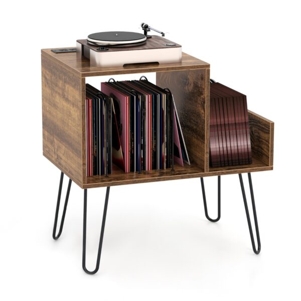Platenspelerstandaard met Stopcontact Display Plank Bijzettafel Metalen Poten tot 145 Albums voor Woonkamer Kantoor